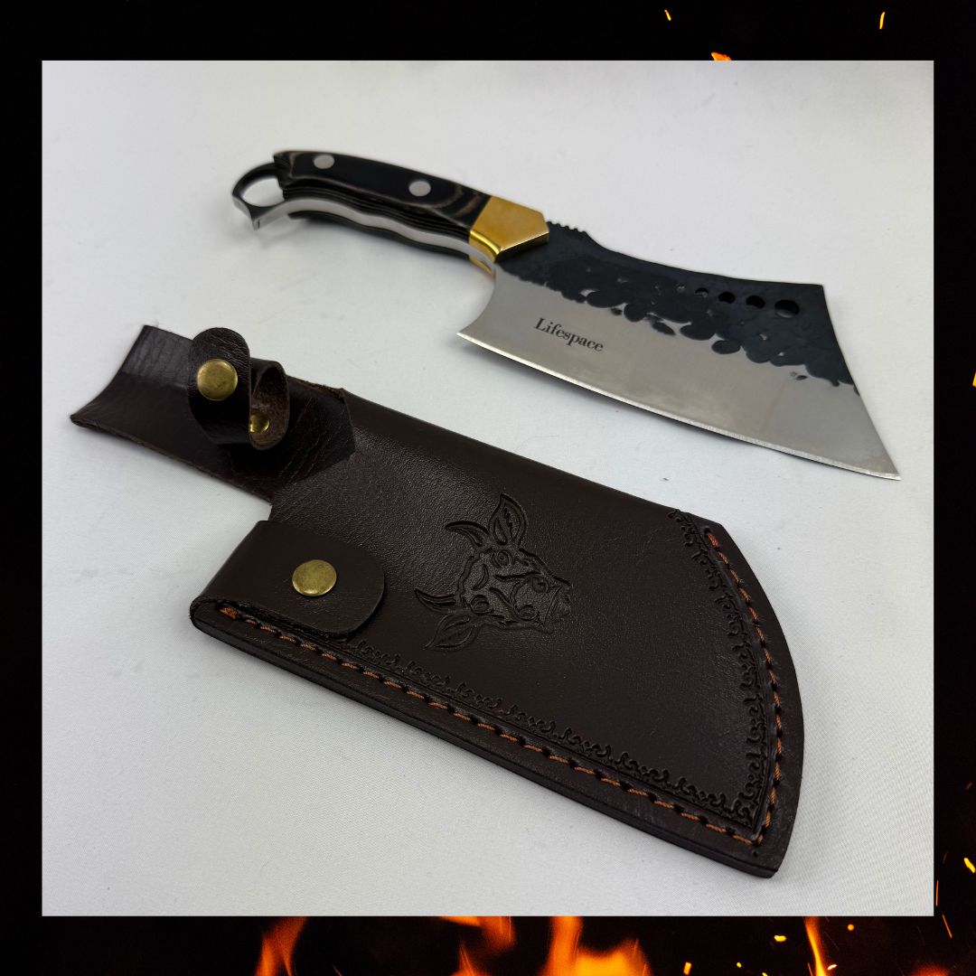Lifespace 6" Straight Cleaver with Finger Ring, Pakka Wood Handle and Embossed Sheath