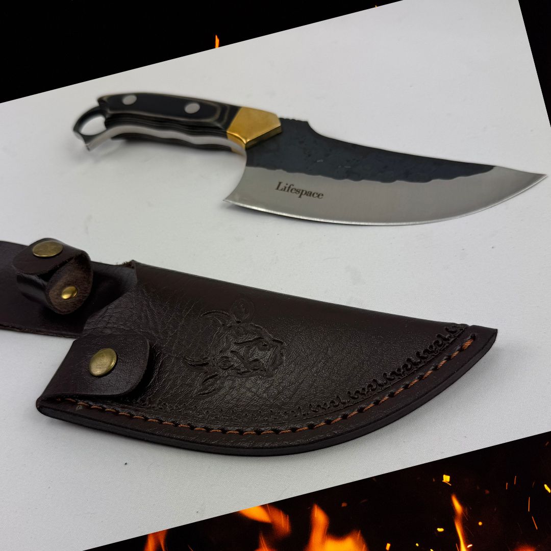 Lifespace 6" Curved Cleaver with Finger Ring, Pakka Wood Handle and Embossed Sheath