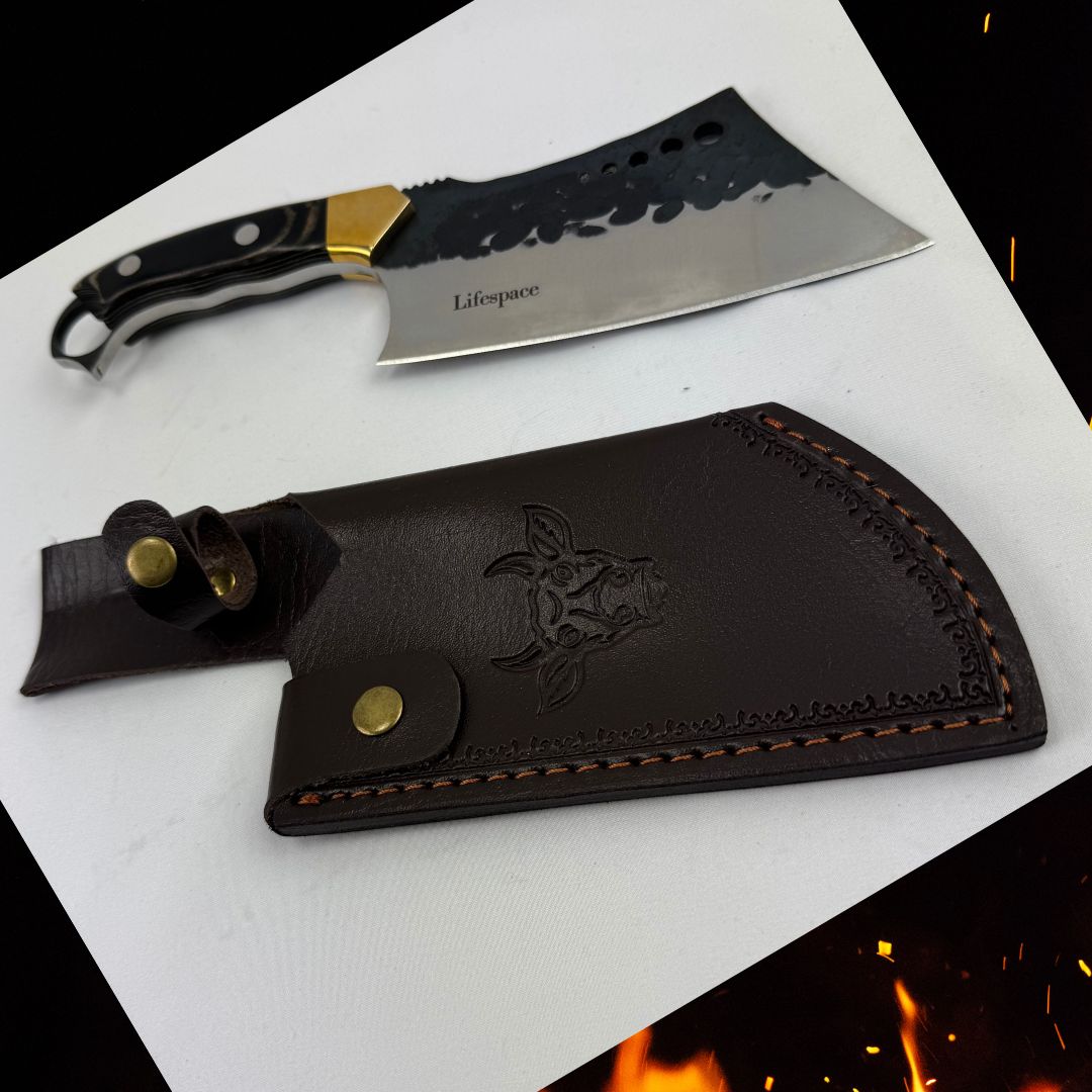 Lifespace 6" Straight Cleaver with Finger Ring, Pakka Wood Handle and Embossed Sheath