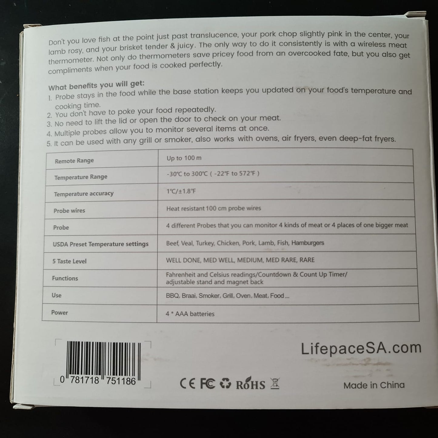 Lifespace 4-Probe 109-yard Wireless Cooking Meat Thermometer