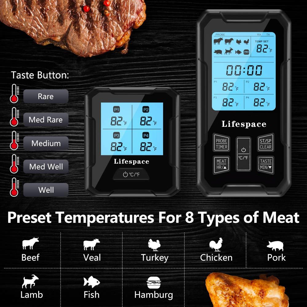 Lifespace 4-Probe 109-yard Wireless Cooking Meat Thermometer