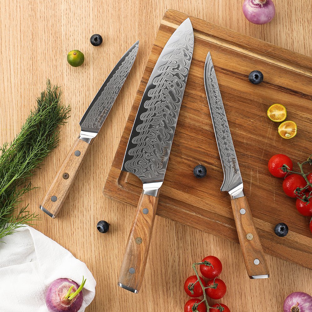 Lifespace Luxury 3pce Olive Wood Handle Full Tang Damascus Blade Chef Knife Set in a Gift Box