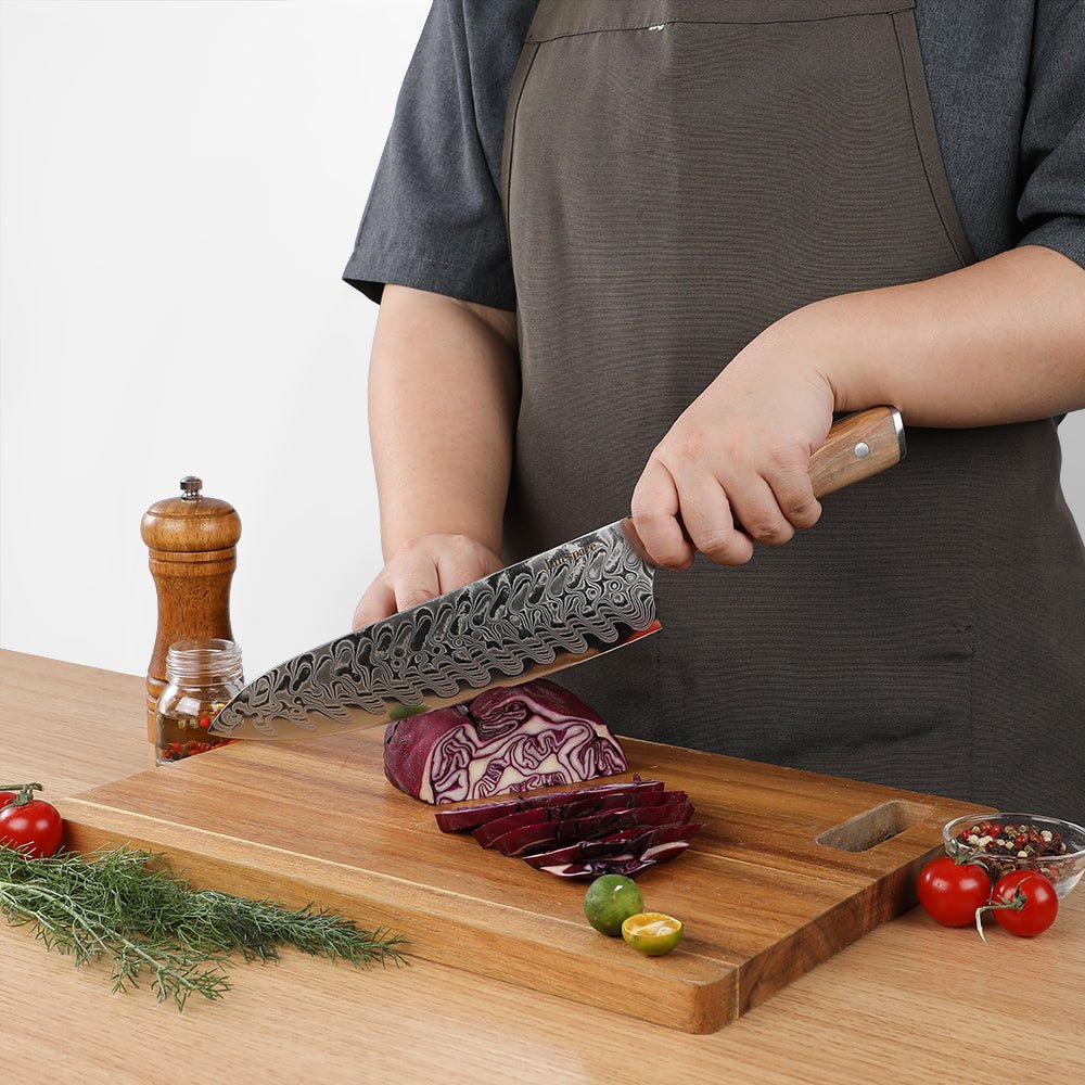 Lifespace Luxury 3pce Olive Wood Handle Full Tang Damascus Blade Chef Knife Set in a Gift Box