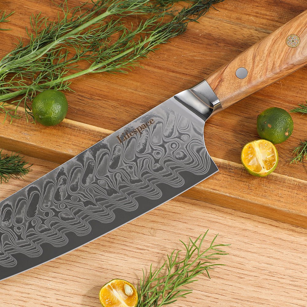Lifespace Luxury 3pce Olive Wood Handle Full Tang Damascus Blade Chef Knife Set in a Gift Box