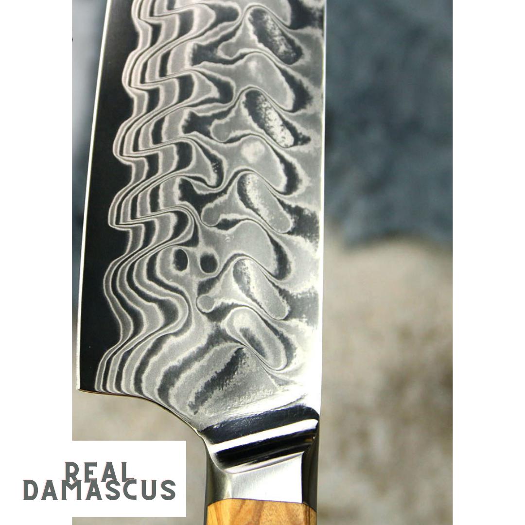 Lifespace Luxury 3pce Olive Wood Handle Full Tang Damascus Blade Chef Knife Set in a Gift Box