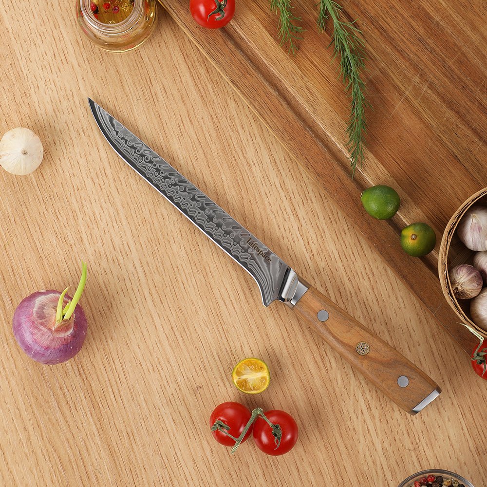 Lifespace Luxury 3pce Olive Wood Handle Full Tang Damascus Blade Chef Knife Set in a Gift Box