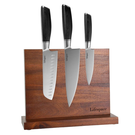 Lifespace Premium Counter Top Acacia Wood Magnetic Knife Holder