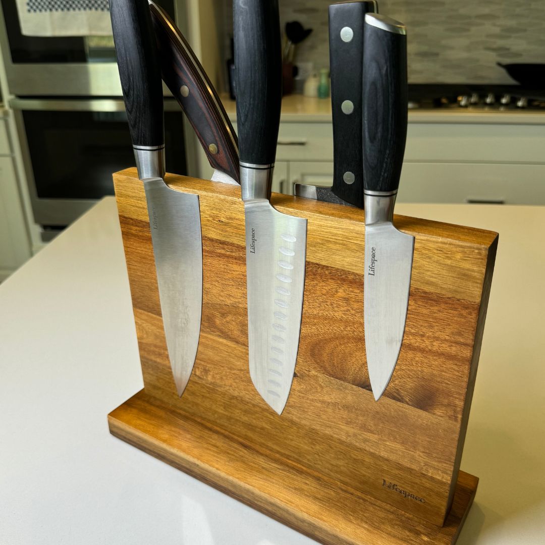 Texas Barbecue Premium Counter Top Acacia Wood Magnetic Knife Holder