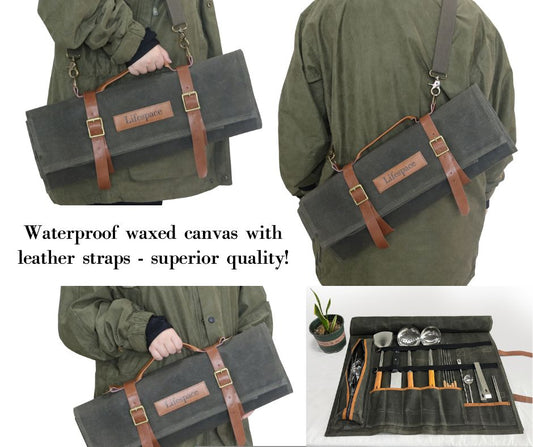 Lifespace Premium Leather & Waxed Canvas Utensil & Knife Roll - 8 Slots & Zip Pouch