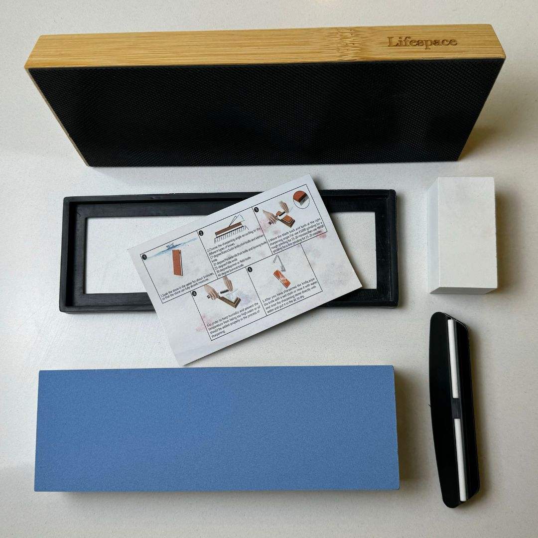 Lifespace Premium Whetstone Dual Sided 1000/3000 Grit, Sharpening Stone, Non-Slip Bamboo Base & Angle Guide