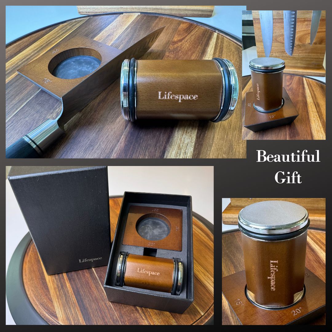 Lifespace Walnut & Alloy Rolling Knife Sharpener with 4 Blade Angles in a Gift Box