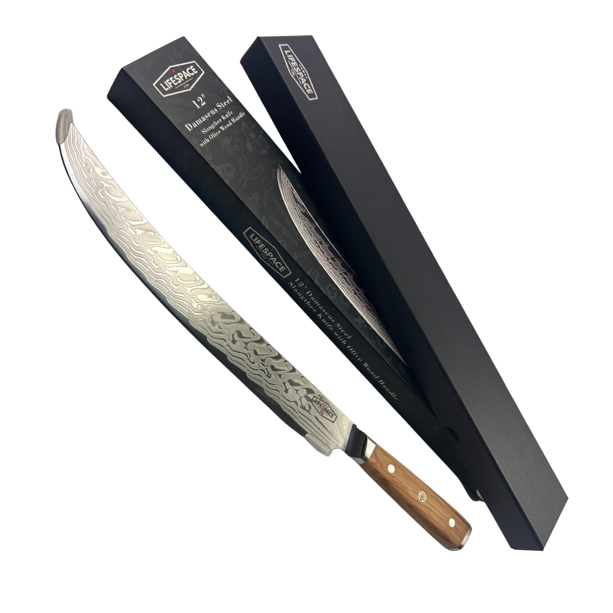 Lifespace Luxury 12" Olive Wood Handle Full Tang Damascus Blade Slaughter Chef Knife