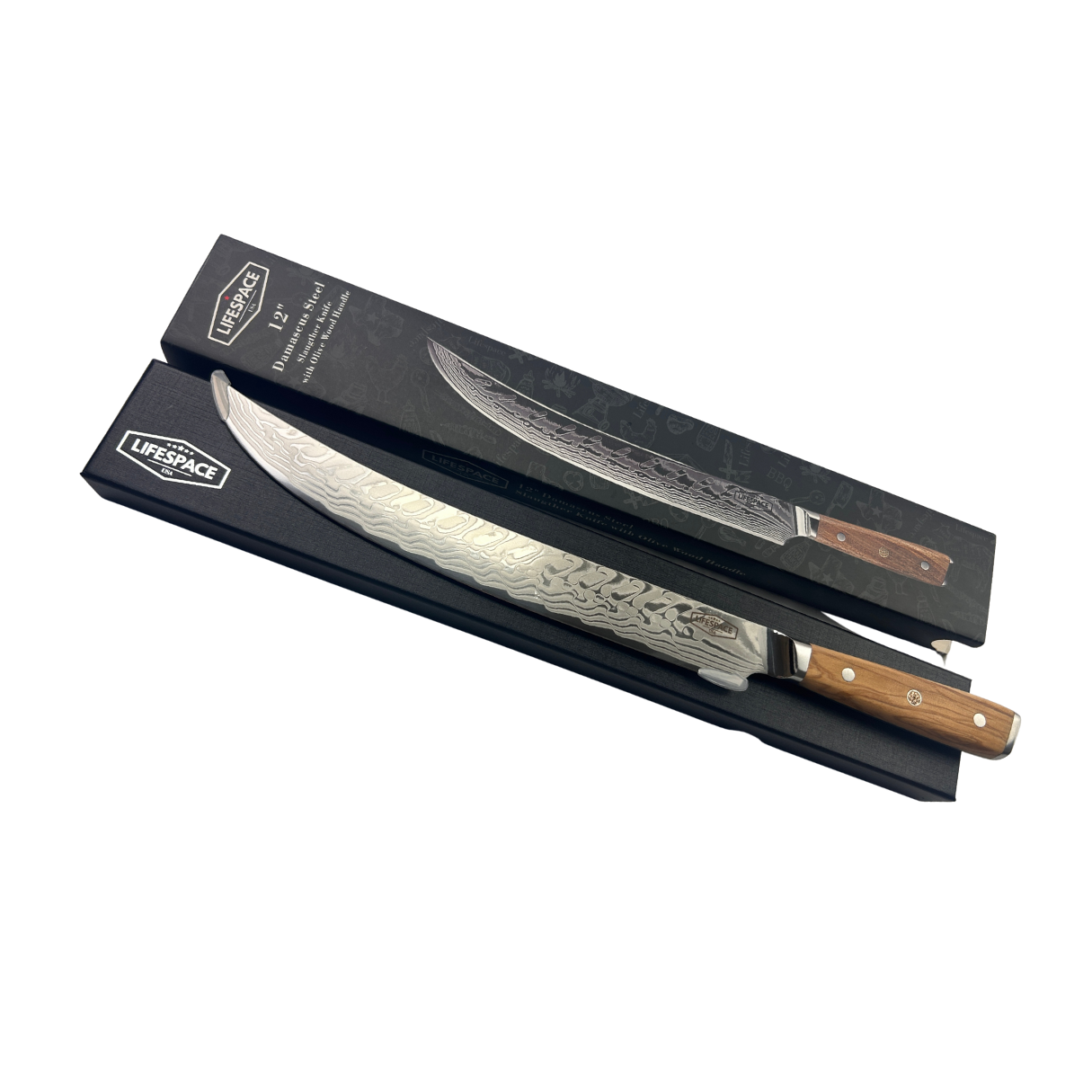 Lifespace Luxury 12" Olive Wood Handle Full Tang Damascus Blade Slaughter Chef Knife