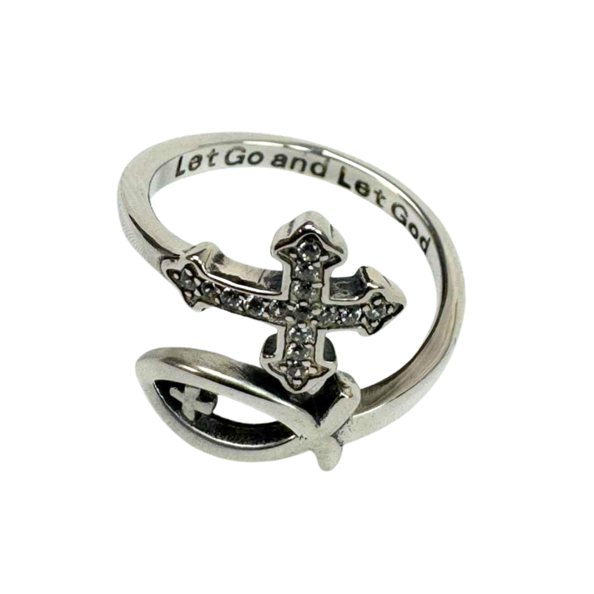The Cross Road "Let Go and Let God" 925 Sterling Silver Ichthys Adjustable Ring with Rhodium OR Gold Plating