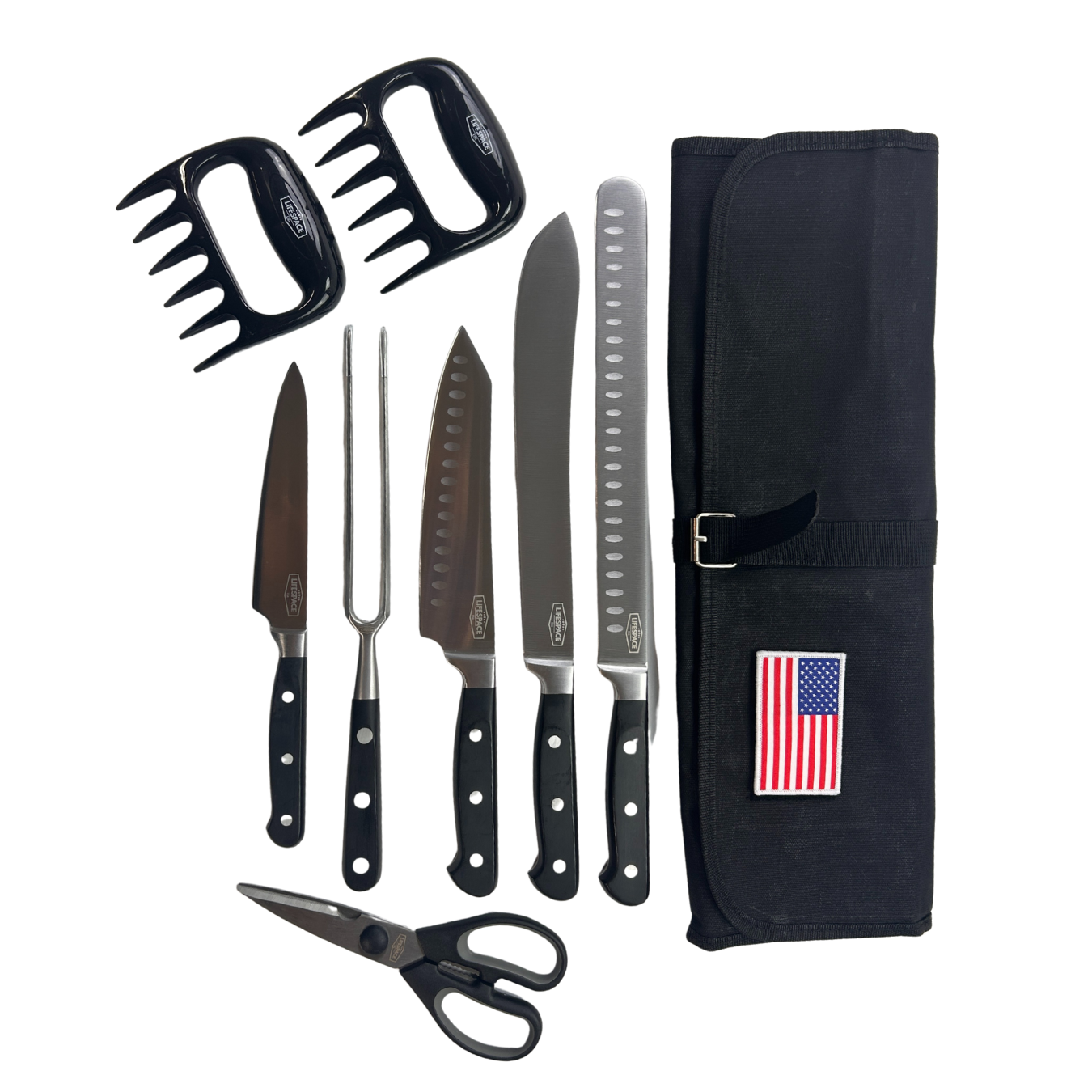 Lifespace 9-piece FDA Approved Quality Chef Knife & Tool Set in a Black Wax Canvas Knife Roll