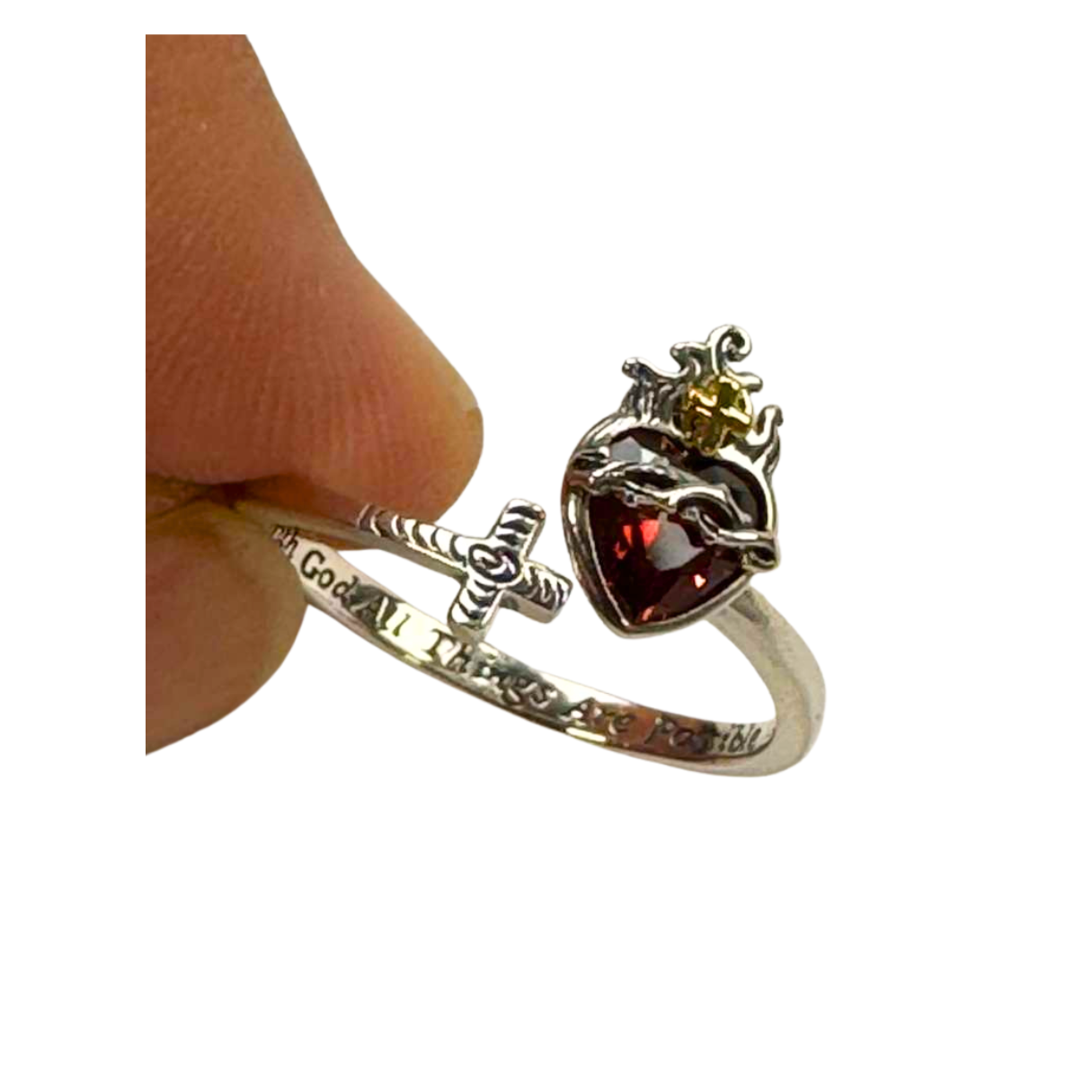 The Cross Road "With God, All Things Are Possible" 925 Sterling Silver Open Ring with Gold Plating and Cubic Zirconia