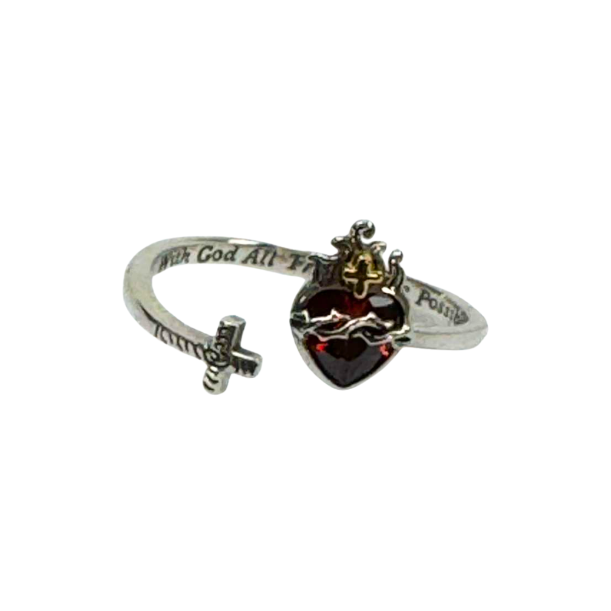 The Cross Road "With God, All Things Are Possible" 925 Sterling Silver Open Ring with Gold Plating and Cubic Zirconia