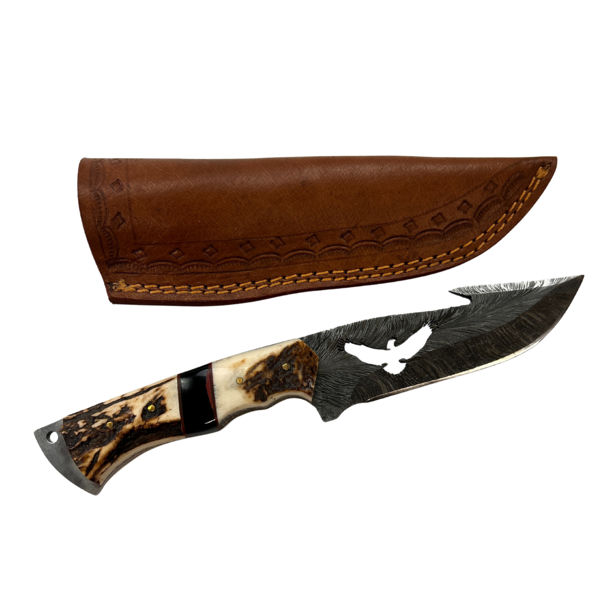 Lifespace Damascus Steel Full Tang Eagle Knife with Leather Sheath and Stag Horn Handle