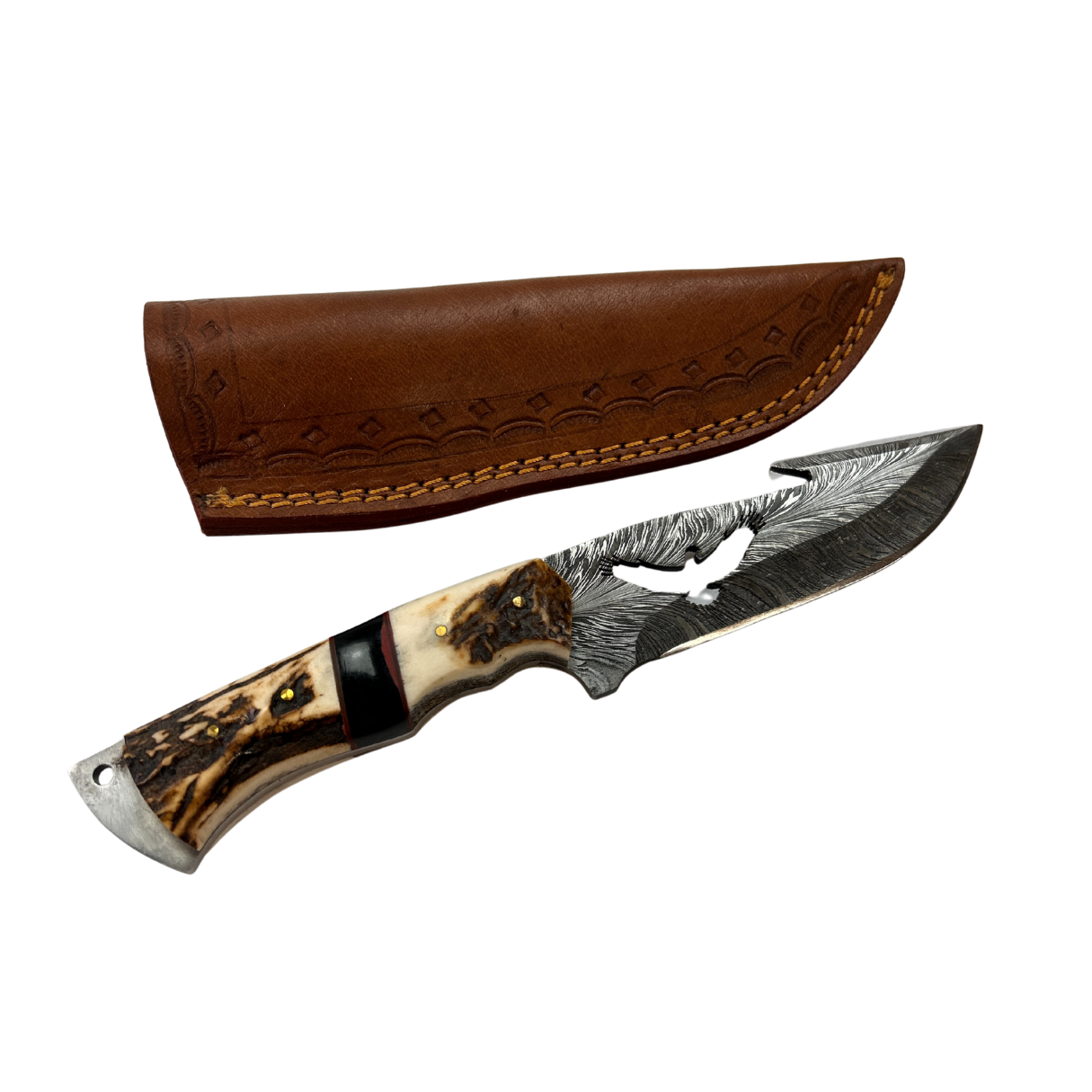 Lifespace Damascus Steel Full Tang Eagle Knife with Leather Sheath and Stag Horn Handle