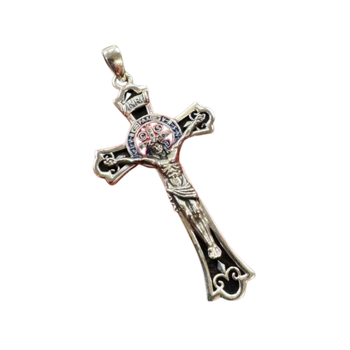 The Cross Road 925 Sterling Silver Crucifix Pendant with St. Benedict Enamel, Obsidian, and Oxidation Finish