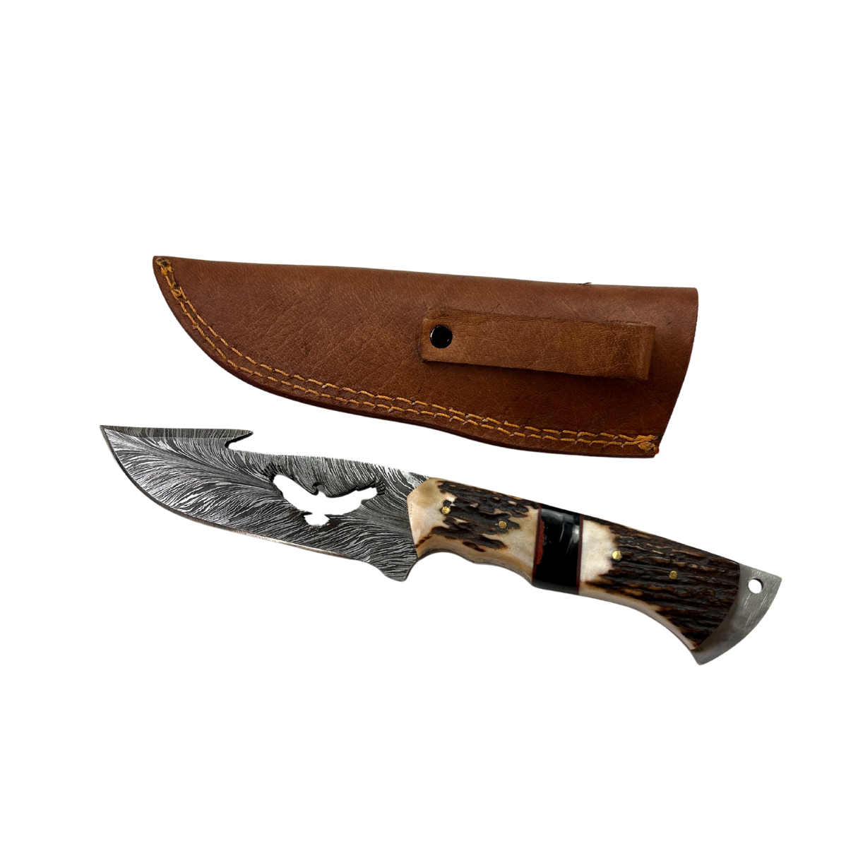 Lifespace Damascus Steel Full Tang Eagle Knife with Leather Sheath and Stag Horn Handle