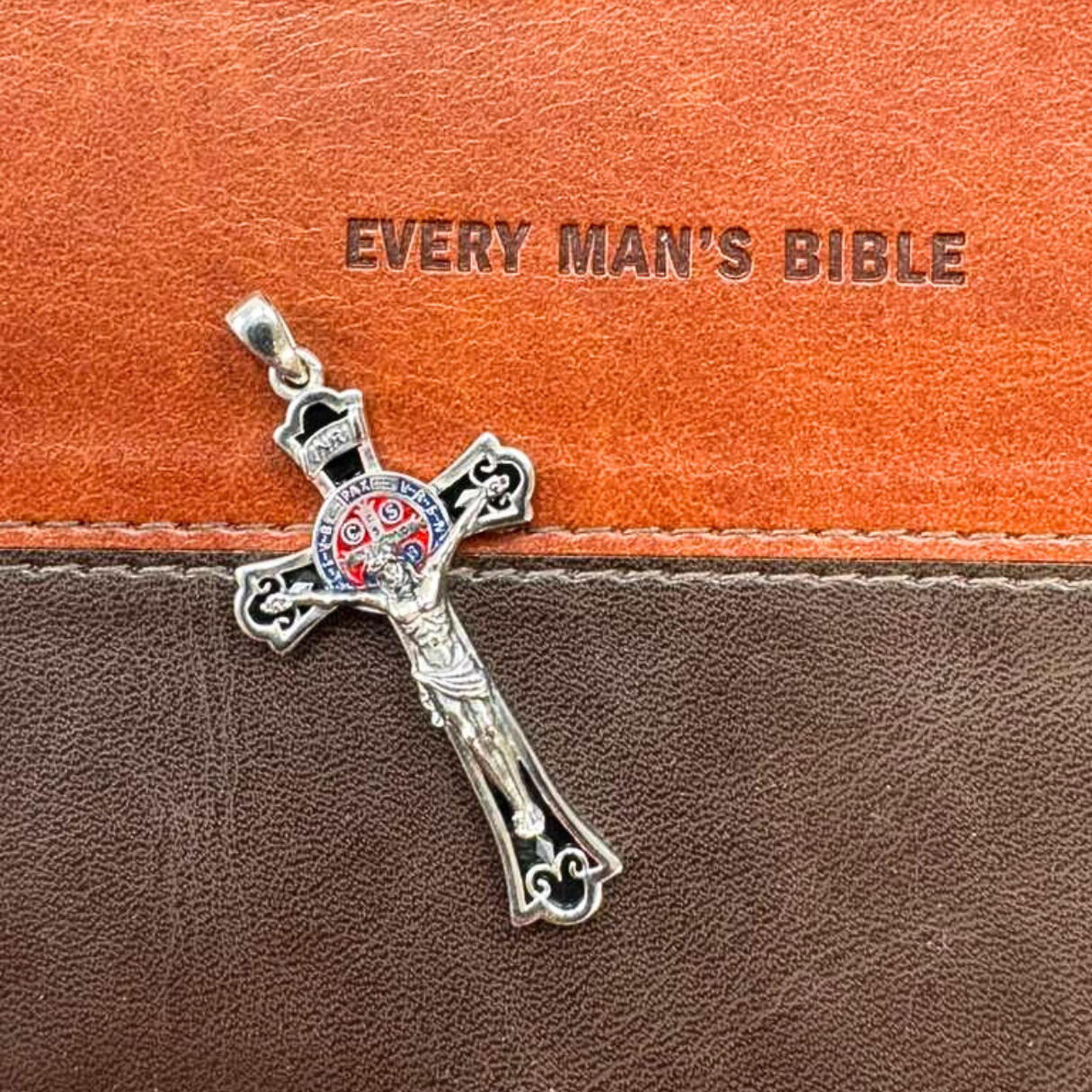 The Cross Road 925 Sterling Silver Crucifix Pendant with St. Benedict Enamel, Obsidian, and Oxidation Finish