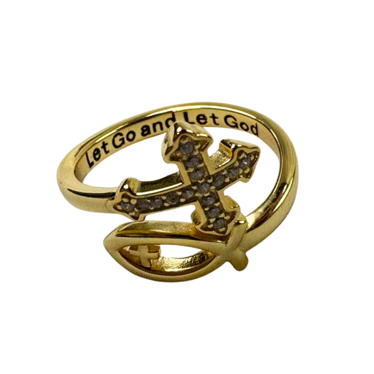 The Cross Road "Let Go and Let God" 925 Sterling Silver Ichthys Adjustable Ring with Rhodium OR Gold Plating