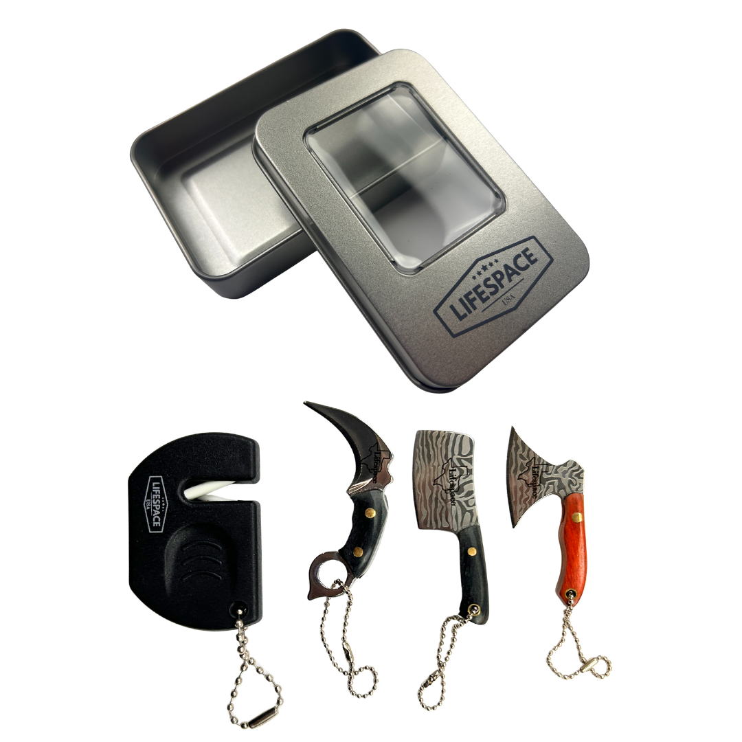 Lifespace Mini Knife Keychain Gift Set — 3 Piece Micro Blades + Sharpener in Gift Box