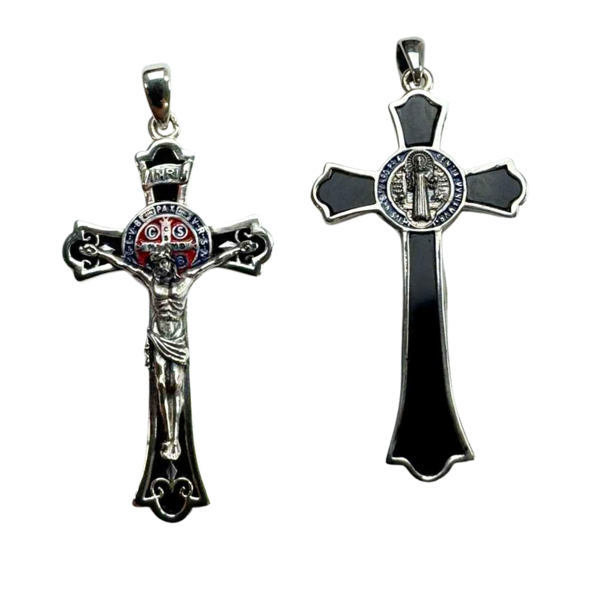 The Cross Road 925 Sterling Silver Crucifix Pendant with St. Benedict Enamel, Obsidian, and Oxidation Finish