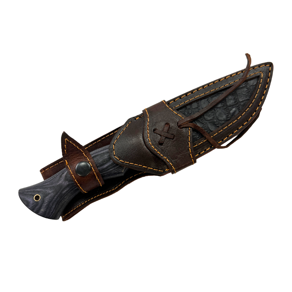 Lifespace Damascus Steel Knife with Blue Colored Wood Handle and Leather Sheath