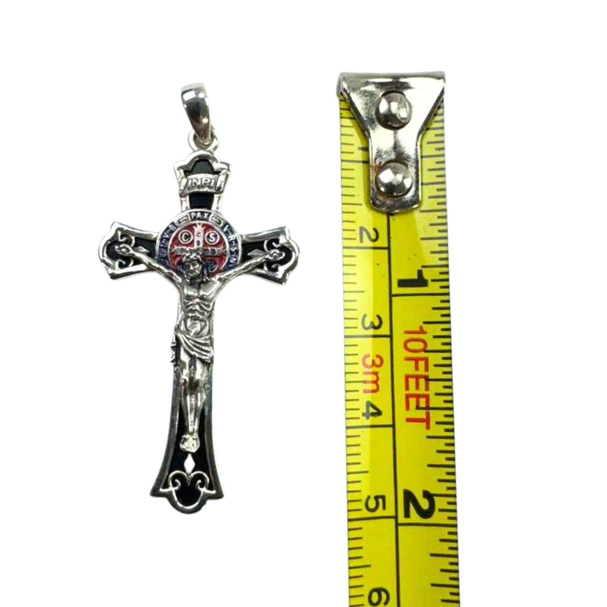 The Cross Road 925 Sterling Silver Crucifix Pendant with St. Benedict Enamel, Obsidian, and Oxidation Finish