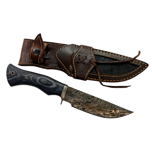 Lifespace Damascus Steel Knife with Blue Colored Wood Handle and Leather Sheath