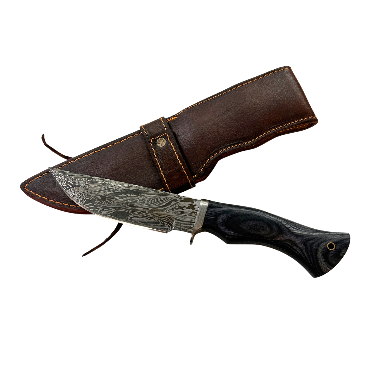 Lifespace Damascus Steel Knife with Blue Colored Wood Handle and Leather Sheath
