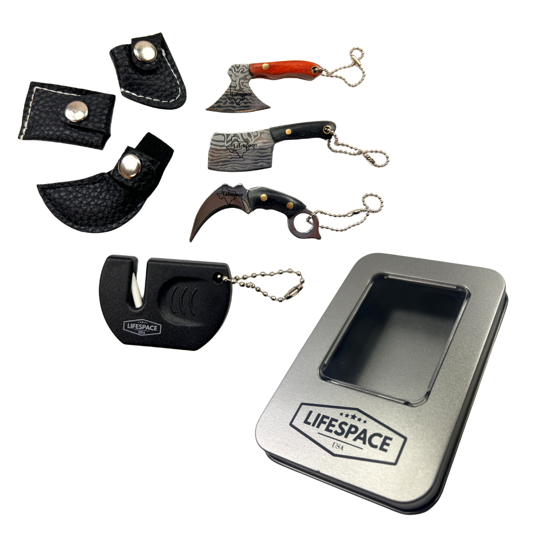 Lifespace Mini Knife Keychain Gift Set — 3 Piece Micro Blades + Sharpener in Gift Box