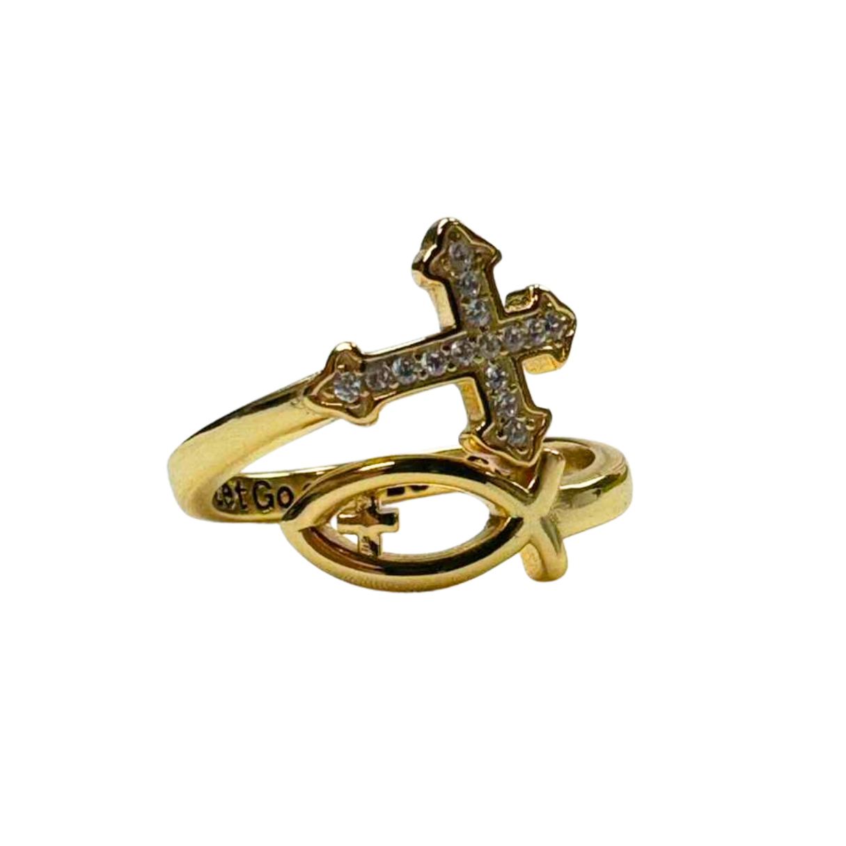 The Cross Road "Let Go and Let God" 925 Sterling Silver Ichthys Adjustable Ring with Rhodium OR Gold Plating