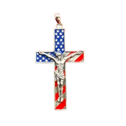 The Cross Road 925 Sterling Silver Patriotic Colorful American Flag Prayer Crucifix with Enamel
