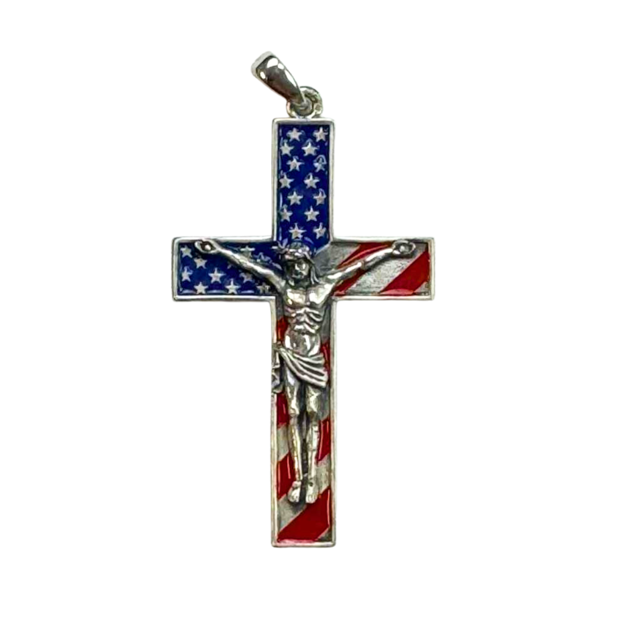 The Cross Road 925 Sterling Silver Patriotic Colorful American Flag Prayer Crucifix with Enamel