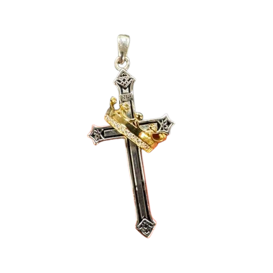 The Cross Road 925 Sterling Silver Crown Cross Pendant with Gold Plating and Cubic Zirconia