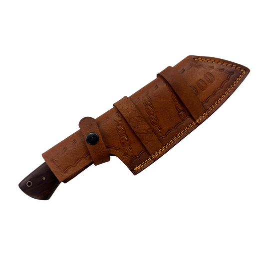 Lifespace Damascus Steel Knife with Walnut Wood Handle and Mosaic Pin and Leather Sheath