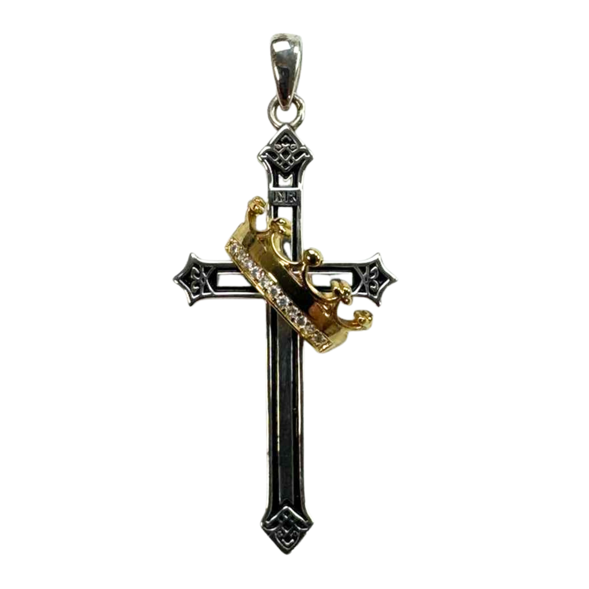 The Cross Road 925 Sterling Silver Crown Cross Pendant with Gold Plating and Cubic Zirconia