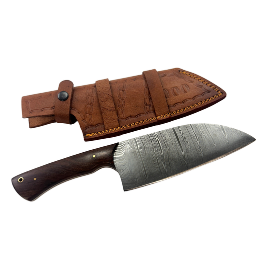 Lifespace Damascus Steel Knife with Walnut Wood Handle and Mosaic Pin and Leather Sheath