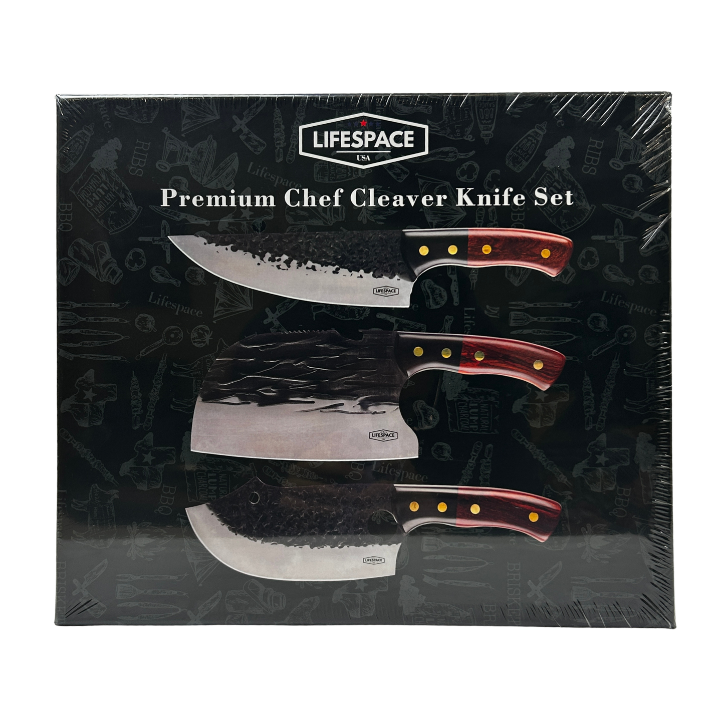 Lifespace Premium Chef Cleaver Knife Set (x3) with Genuine Leather Sheaths in a Gift Box