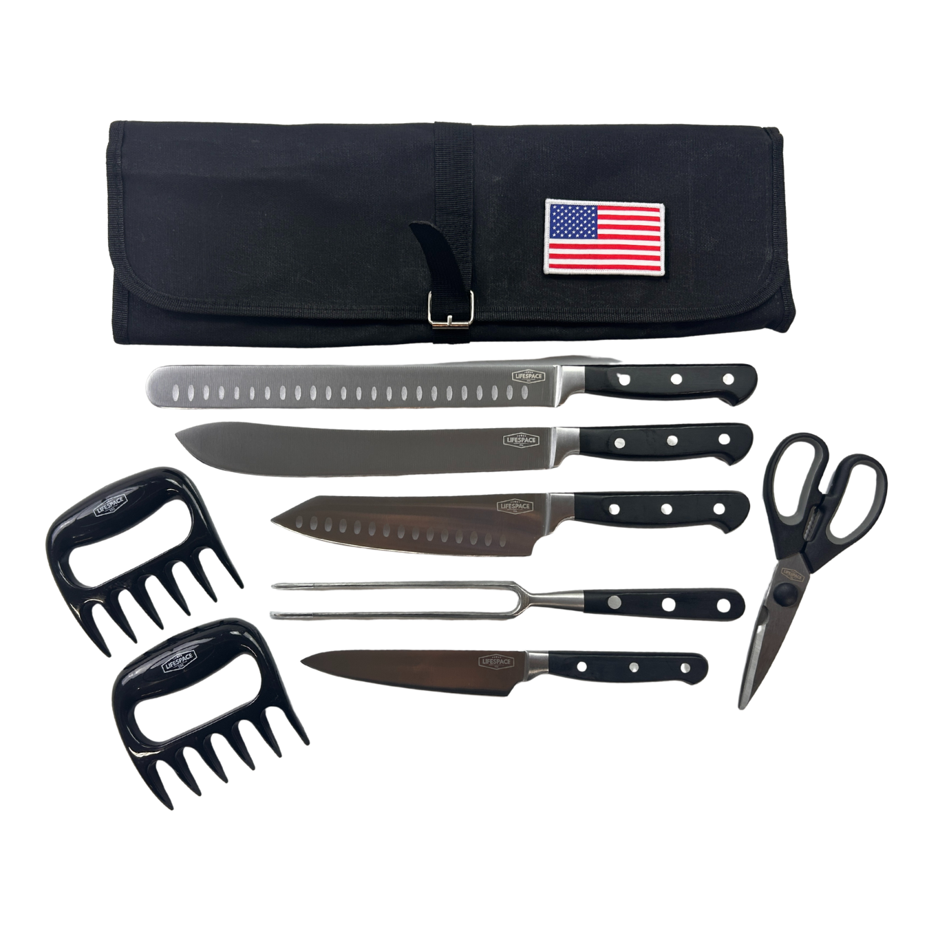 Lifespace 9-piece FDA Approved Quality Chef Knife & Tool Set in a Black Wax Canvas Knife Roll
