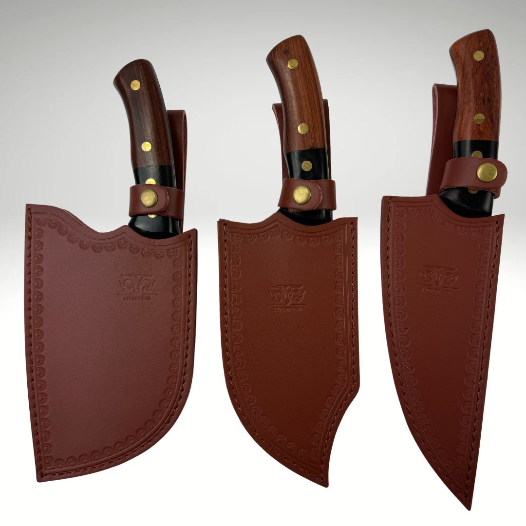 Lifespace Premium Chef Cleaver Knife Set (x3) with Genuine Leather Sheaths in a Gift Box