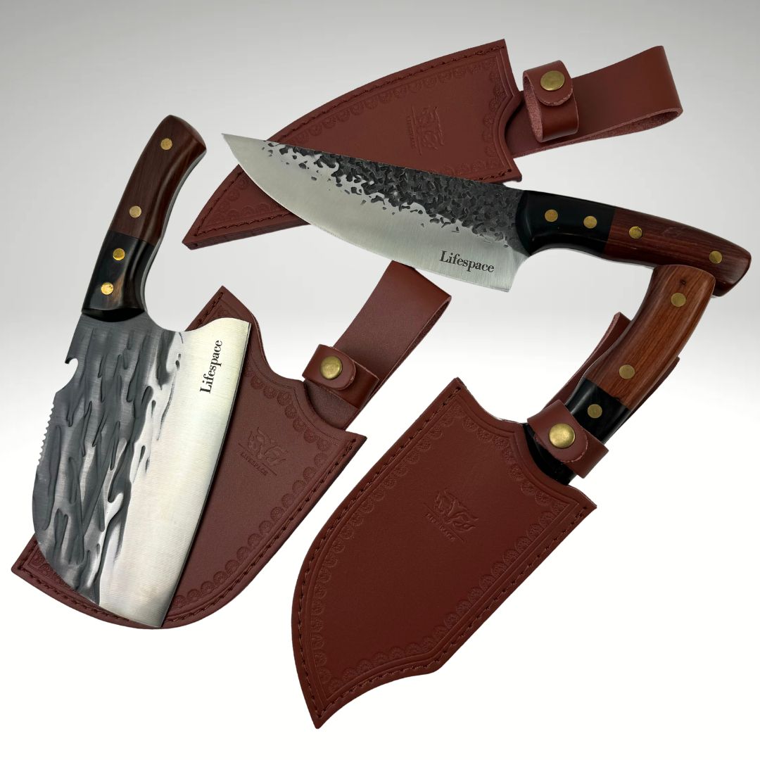 Lifespace Premium Chef Cleaver Knife Set (x3) with Genuine Leather Sheaths in a Gift Box