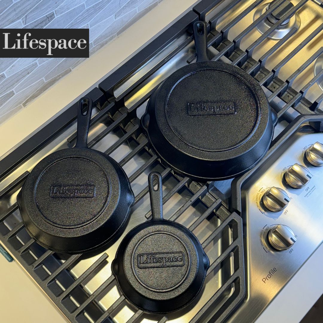 Lifespace Quality 3 Piece Matt Black Cast Iron Skillet Pan Set