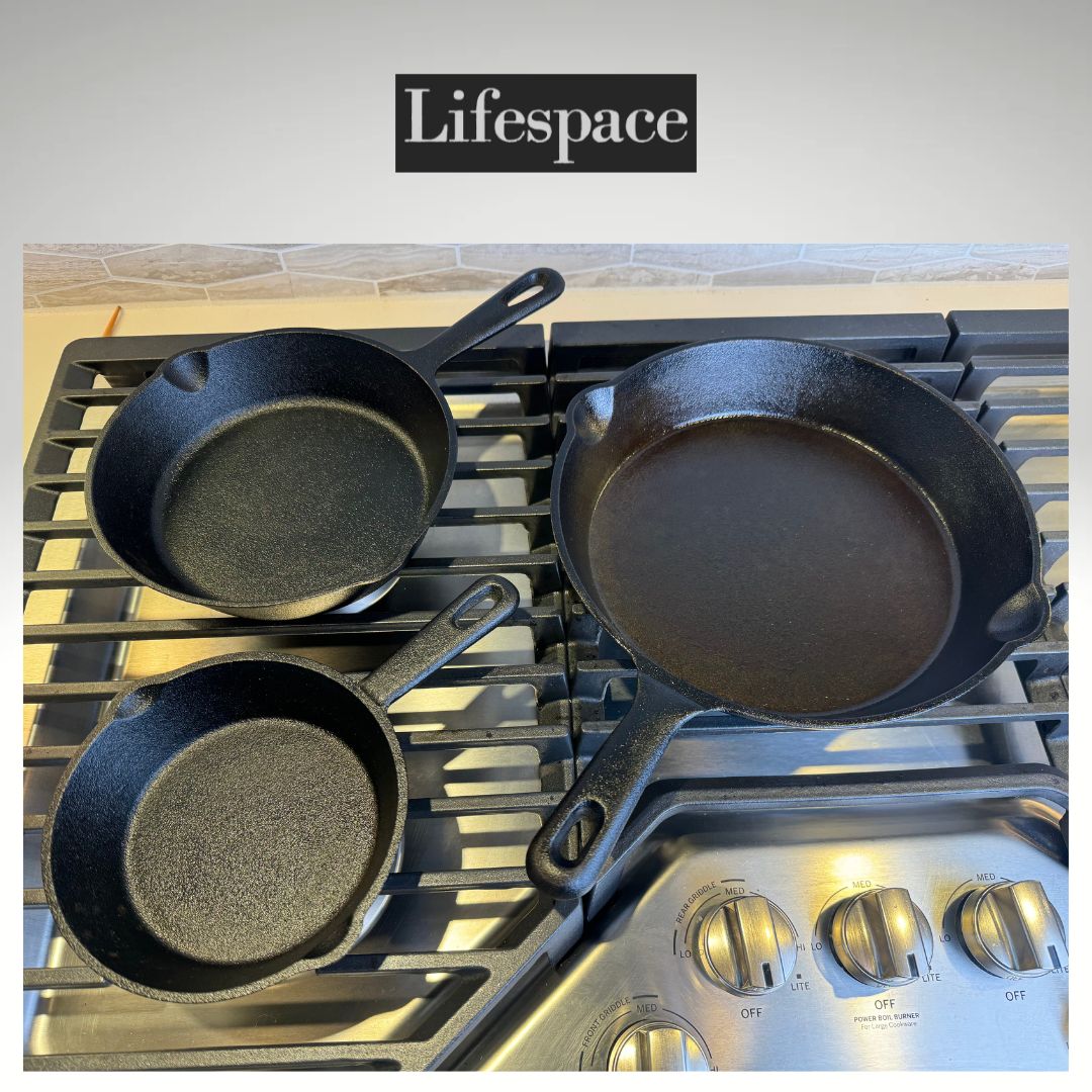 Lifespace Quality 3 Piece Matt Black Cast Iron Skillet Pan Set