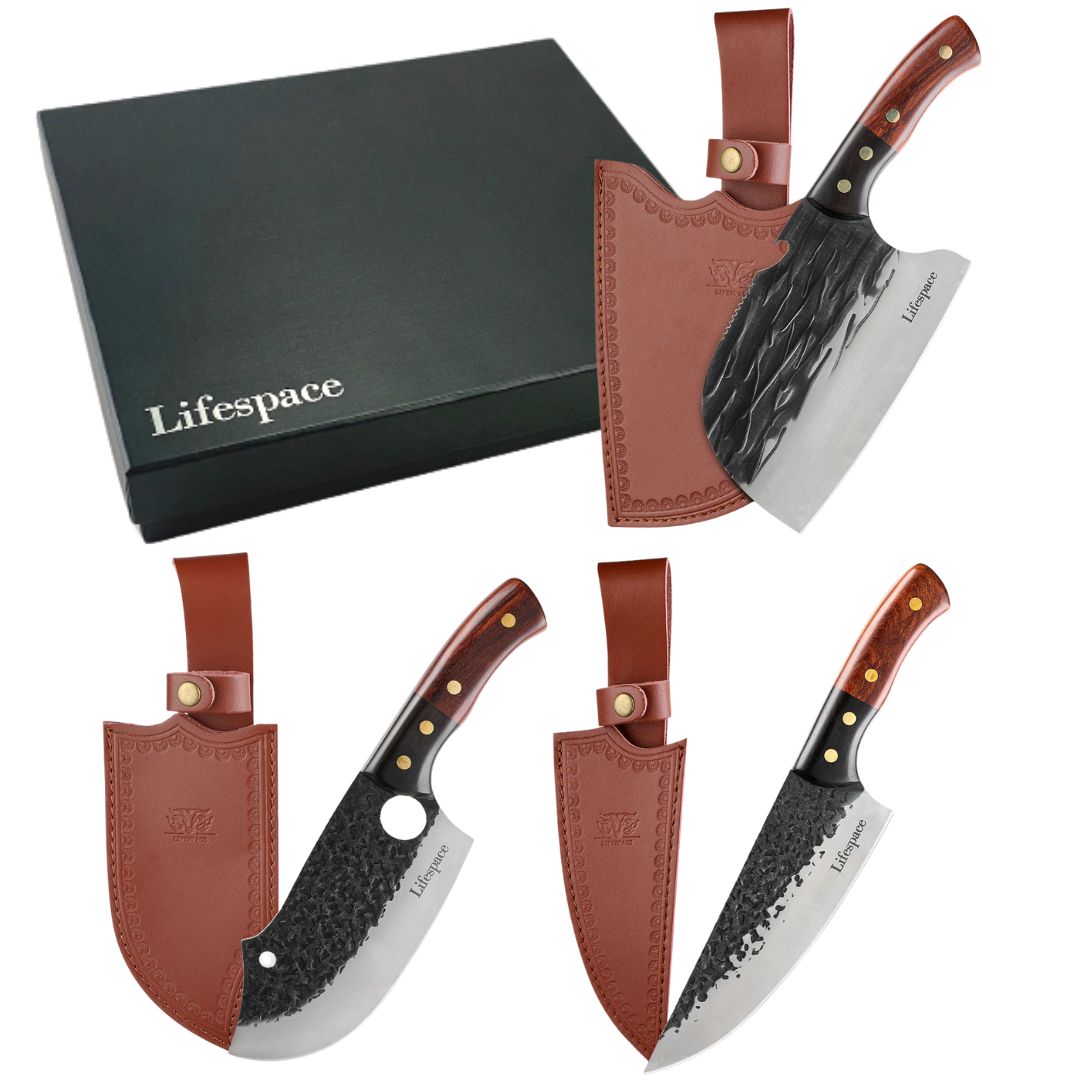 Lifespace Premium Chef Cleaver Knife Set (x3) with Genuine Leather Sheaths in a Gift Box