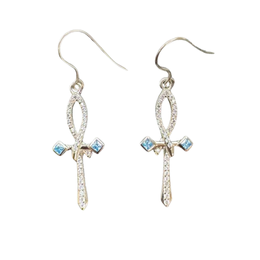 The Cross Road 925 Sterling Silver Coptic Ankh Cross Earrings with Rhodium Plating and Cubic Zirconia Detail