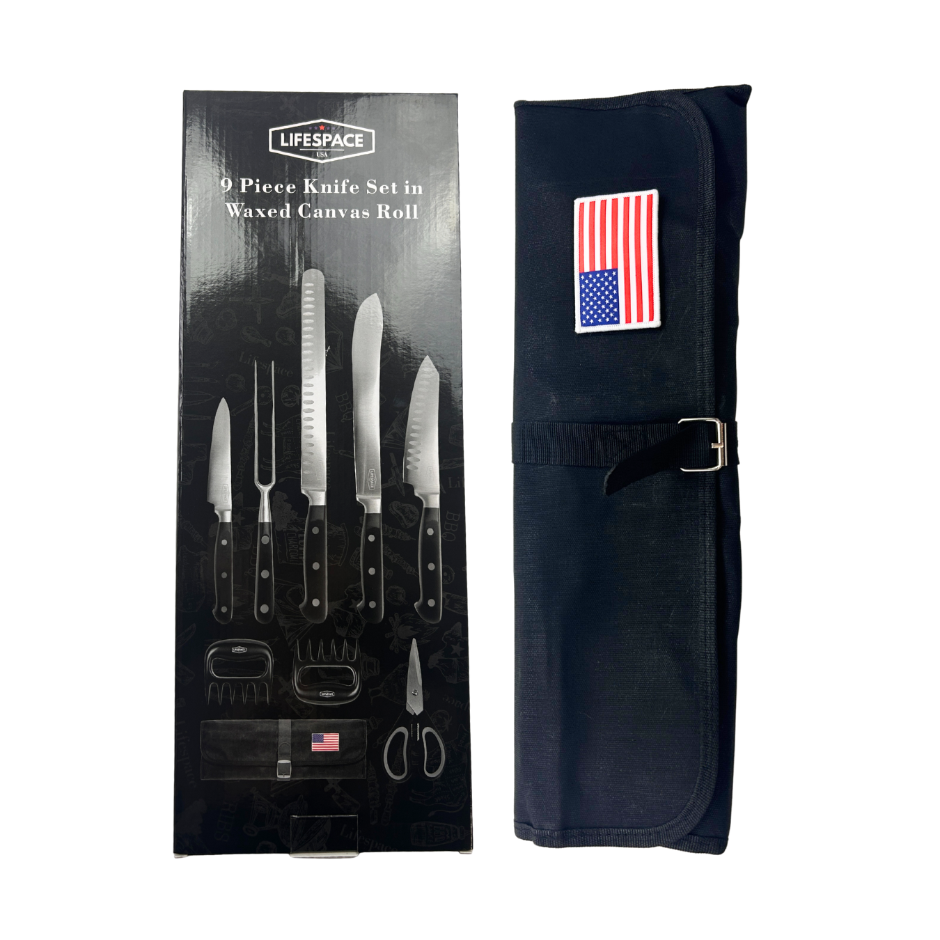 Lifespace 9-piece FDA Approved Quality Chef Knife & Tool Set in a Black Wax Canvas Knife Roll